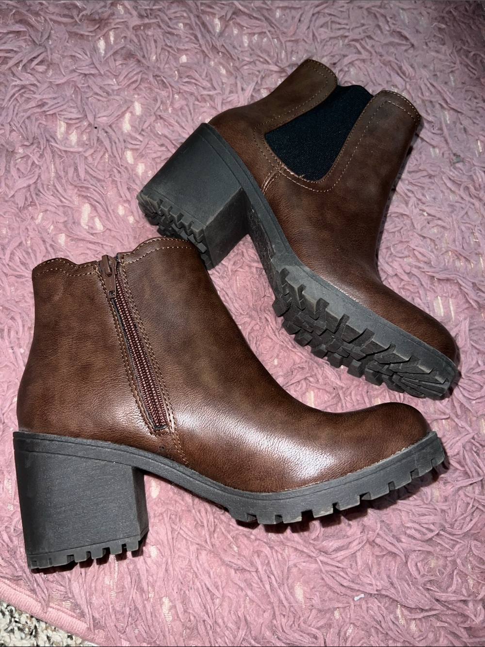 Sun + Stone Brown Lug Sole Chunky Heel Ankle Boots